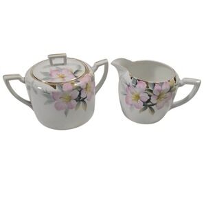 Vintage Hand Painted Nippon Sugar Bowl and Creamer Set Pink Floral Gold Gilt